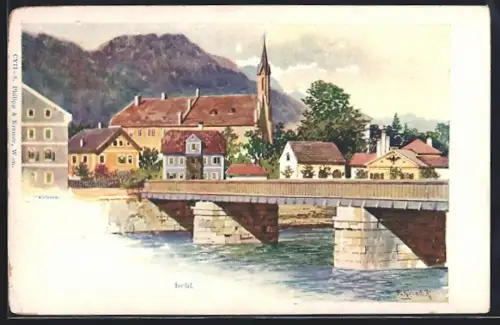 Künstler-AK Ischl, Kirche und Brücke