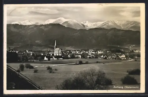 AK Zeltweg, Ortsansicht mit Gebirgspanorama