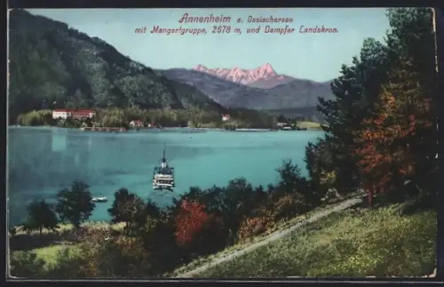 AK Annenheim a. Ossiachersee, Panorama mit Mangartgruppe und Dampfer Landskron