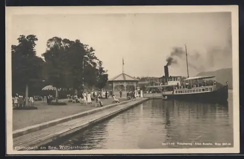 AK Pörtschach am See, Werzerstrand mit Anleger und Dampfer
