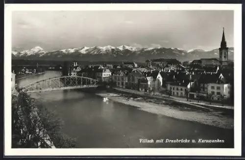 AK Villach, Teilansicht mit Draubrücke und Karawanken