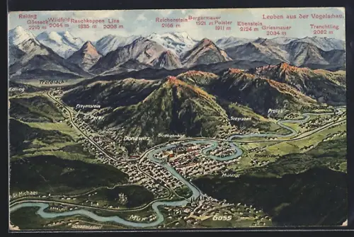 Künstler-AK Leoben, Panorama mit Mühltal, Südbahnhof und Donawitz, Bergpanorama mit Griesmauer und Reichenstein
