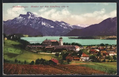 AK Mondsee, Ortsansicht mit See und Schafberg
