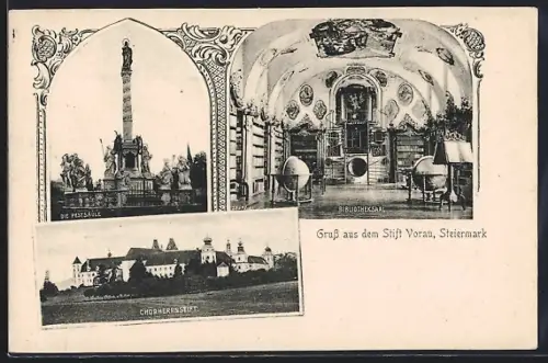 AK Stift Vorau /Steiermark, Chorherrnstift, Bibliothekssaal und Pestsäule