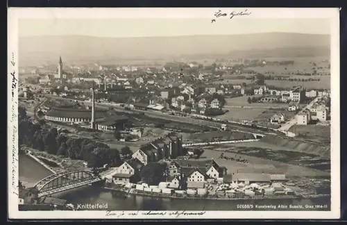 AK Knittelfeld, Ortsansicht mit Gleisanlagen und Brücke aus der Vogelschau