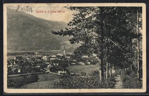 AK Spittal a. d. Drau, Teilansicht mit Bergen