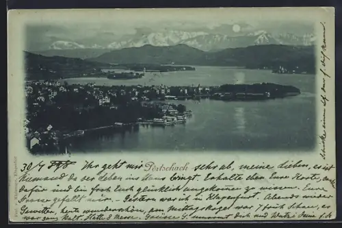 Mondschein-AK Pörtschach / See, Teilansicht mit Bergen