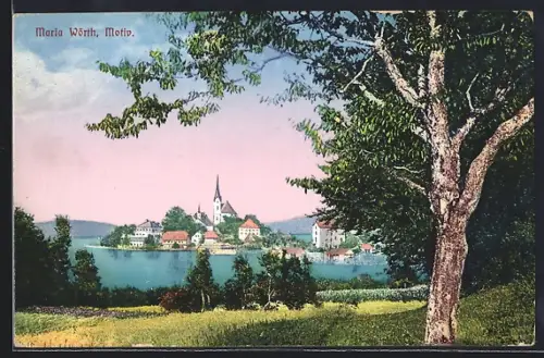 AK Maria Wörth, Uferpartie mit Kirche