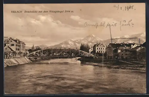 AK Villach, Draubrücke mit dem Mittagskogel