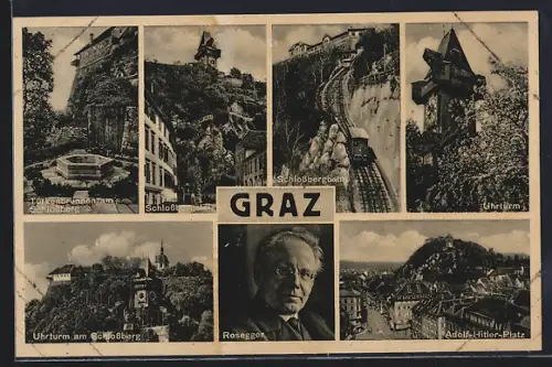 AK Graz, Uhrturm am Schlossberg, Schlossbergbahn, Platz