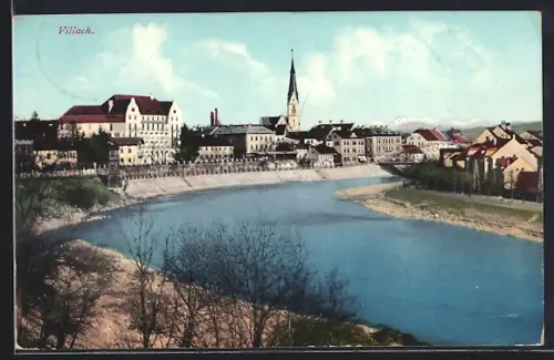 AK Villach, Uferpartie mit Kirche
