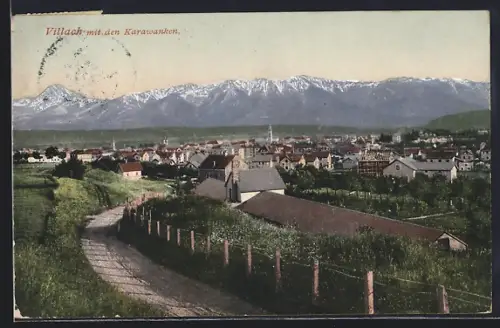 AK Villach, Teilansicht mit den Karawanken