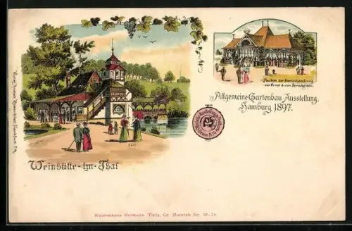 Lithographie Hamburg, Allgemeine Gartenbau-Ausstellung 1897, Weinhütte im Tal, Pavillon der Samenhandlung