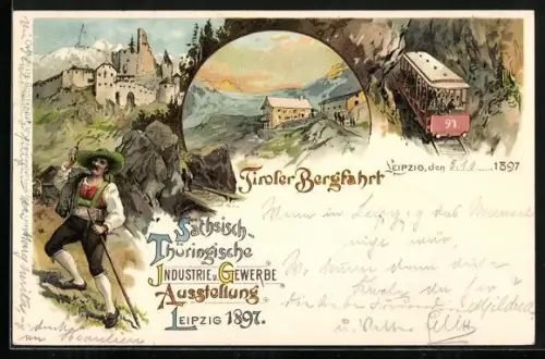Lithographie Leipzig, Sächsisch-Thüringische Industrie- u. Gewerbe-Ausstellung 1897, Tiroler Bergfahrt, Wanderer