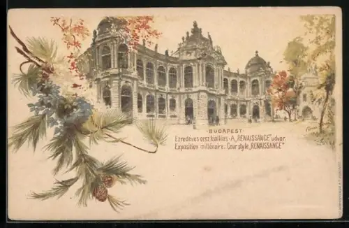 Lithographie Budapest, Exposition millenaire, Cour style Renaissance