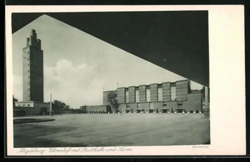AK Magdeburg, Ehrenhof mit Stadthalle und Turm, Bauhaus