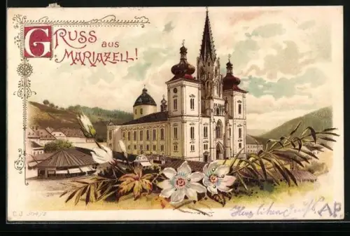 Lithographie Maria Zell, Wallfahrtskirche und Blumen