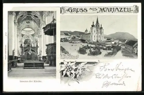 Lithographie Mariazell, Blick zur Basilika von Mariazell, Inneres der Kirche