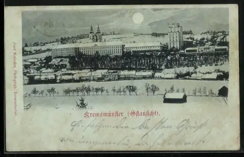 Mondschein-AK Kremsmünster, Ostansicht im Mondlicht