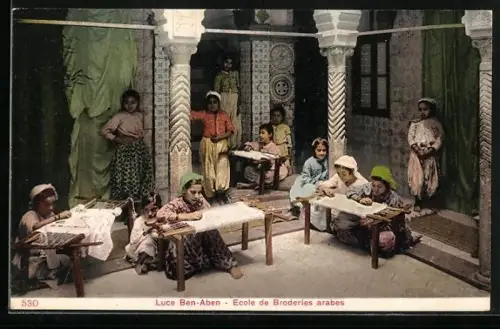AK arabischer Handwerker, Kinder beim Sticken, Luce Ben-Aben, Ecole de Broderies arabes