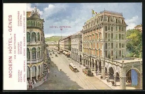 AK Genes, Strassenansicht mit Hotel Imperial und Strassenbahnen