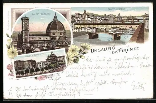 Lithographie Firenze, La Cattedrale, Piazza Cavour, Ponte Vecchio