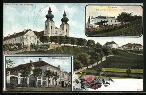 AK Maria Taferl, Vorder Ansicht und Waldseite des Hotel Kaiserhof, Veranda, Kirche