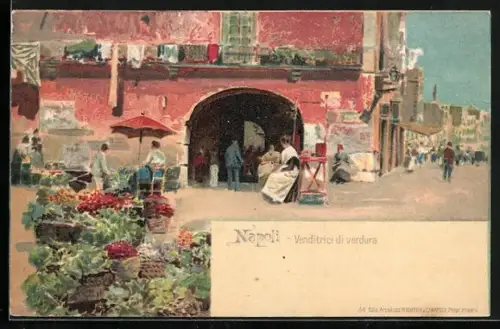 Lithographie Napoli, Venditrici di verdura, Strassenhändler