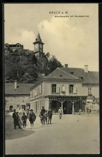 AK Bruck a. Mur, Minoritenplatz mit Morredenkmal u. Cafe Austria