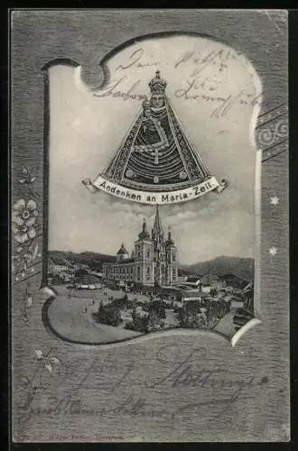 Lithographie Maria-Zell, Strassenpartie mit Kirche, Gnadenbild, Passepartout