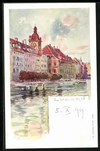 Künstler-AK Luzern, Uferpartie mit Kirche