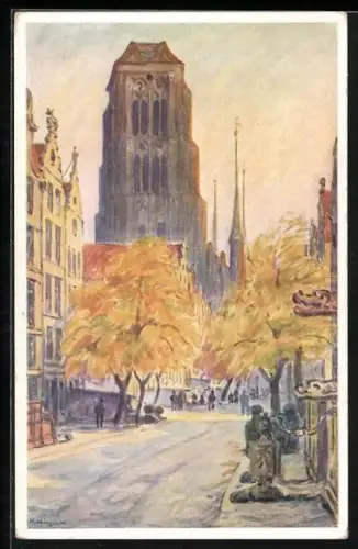 AK Danzig, Jopengasse mit St. Marien