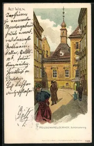 Lithographie Alt-Wien, Heiligenkreuzerhof, Schönlaterng