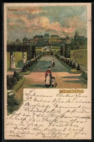 Lithographie Wien, Belvedere, Mutter mit Kind