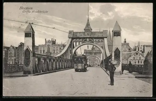 AK Bremen, Strassenbahn auf der Grossen Weserbrücke