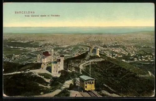 AK Barcelona, Vista Generale desde et Tibidabo, Bergbahn