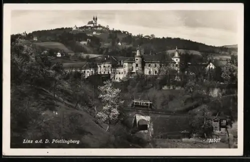 AK Linz a. d. D., Pöstlingberg mit Bergbahn aus der Vogelschau