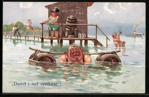 Künstler-AK Ernst Schlemo: Damit i net verdurst!, Mann im Badeanzug mit Fässern im Wasser