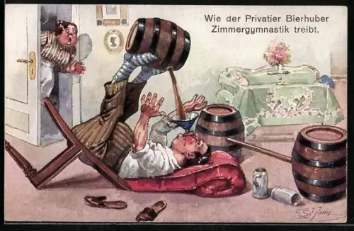 Künstler-AK Ernst Schlemo: Zimmergymnastik, Biertrinker schüttet sich Bier aus einem Fass in den Mund, Trinkerhumor