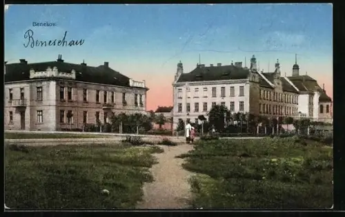 AK Benesov, Ortspanorama mit Ziergiebel-Gebäuden und Turmgebäude