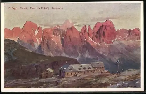 Künstler-AK Edward Harrison Compton: Schlernhaus /Dolomiten, Berghütte des D. u. Oe. A. V. gegen den Rosengarten