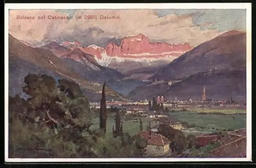 Künstler-AK Edward Harrison Compton: Bozen, Panorama mit dem Rosengarten