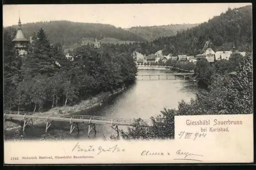 AK Giesshübl-Sauerbrunn bei Karlsbad, Uferpartie mit Brücken