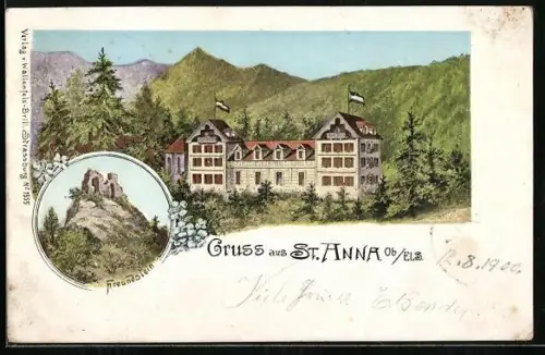 Lithographie St. Anna-Ob / Els, Hotel mit leuchtenden Fenstern, Freundstein