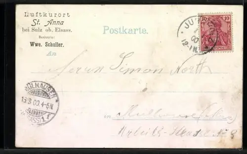 Lithographie St. Anna-Ob / Els, Hotel mit leuchtenden Fenstern, Freundstein