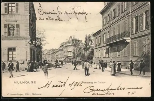 AK Mulhouse, Faubourg de Colmar mit Leuten