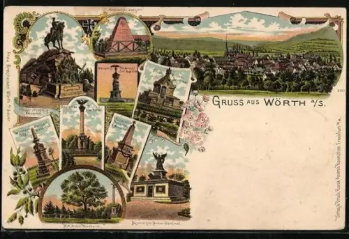Lithographie Wörth a. S., Kaiser Friedrich Denkmal, Bayerisches Armee Denkmal, Franz. Armee Denkmal