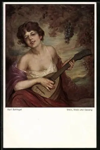 AK Frau in weitem Kleid spielt Mandoline und singt unter dem Weinstock