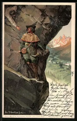 Künstler-Lithographie E. Döcker: Jäger rettet Knaben von Berg