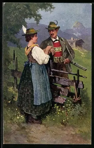 Künstler-AK Schliersee, Paar in bayerischer Tracht am Holzzaun stehend